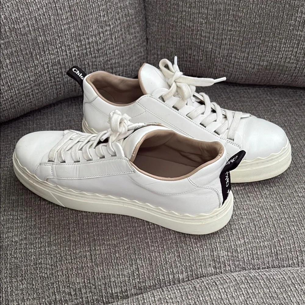 Chloe Scalloped Leather White Sneakers with Textured Upper and Thick Sole - Picture 3 of 16
